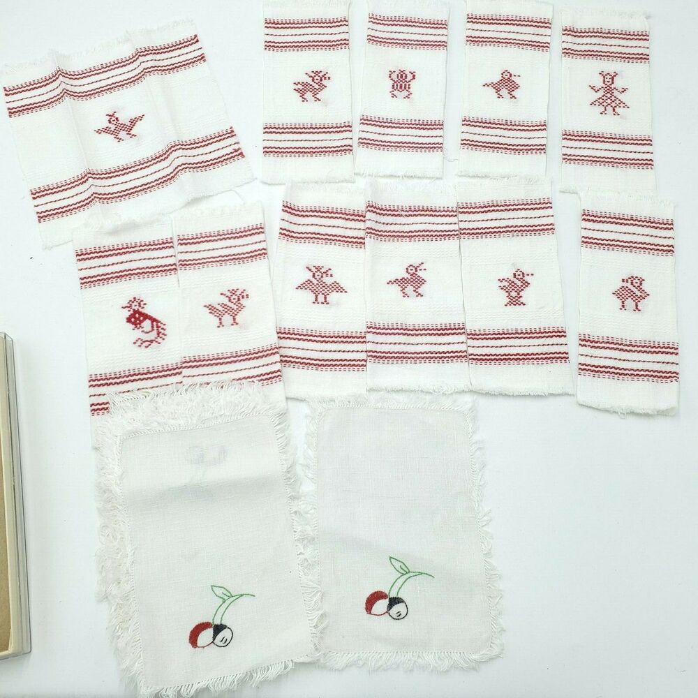 9 Charming Vintage White Red Cocktail Napkins with Different Designs Cherries